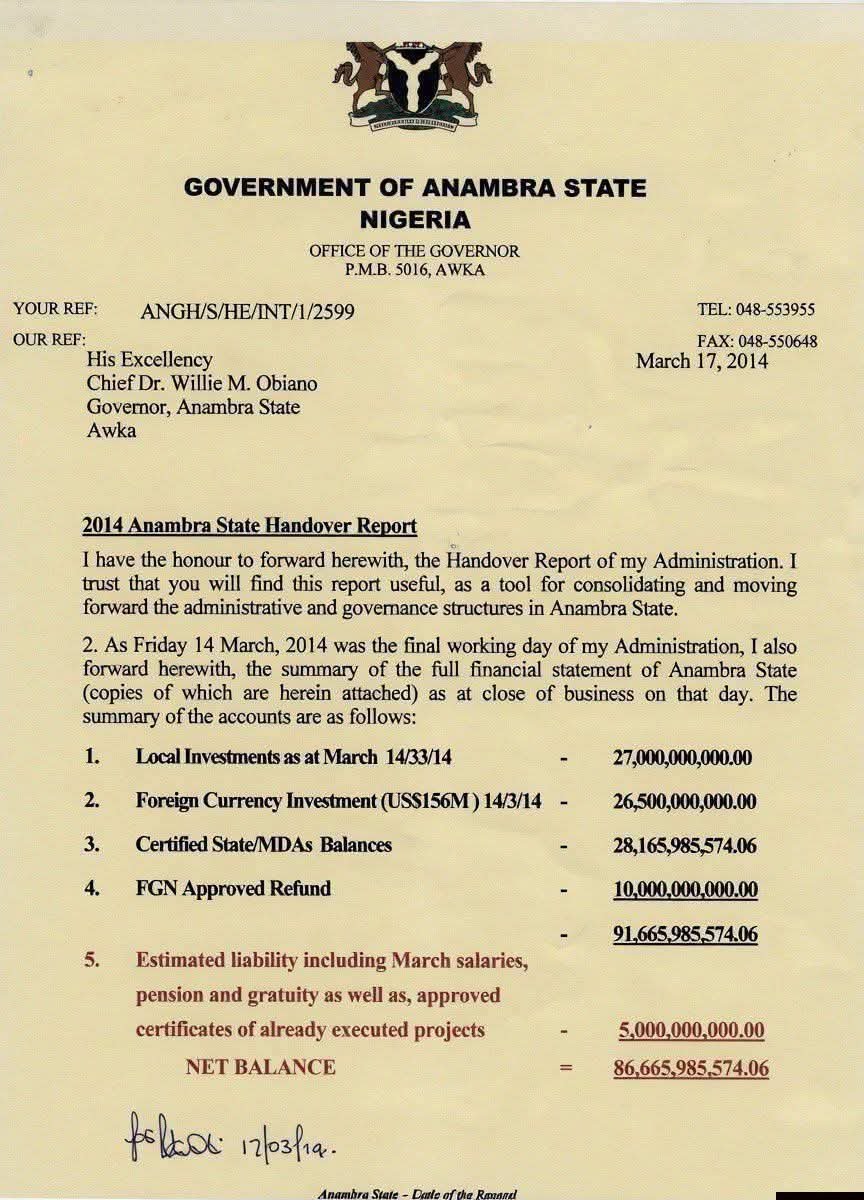 Peter Obi Counters Anambra State Govt, Releases Handover Note As Evidence (Photo)
