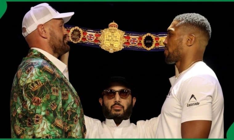Tyson Fury and Anthony Joshua during their face-off ahead of their December bout.