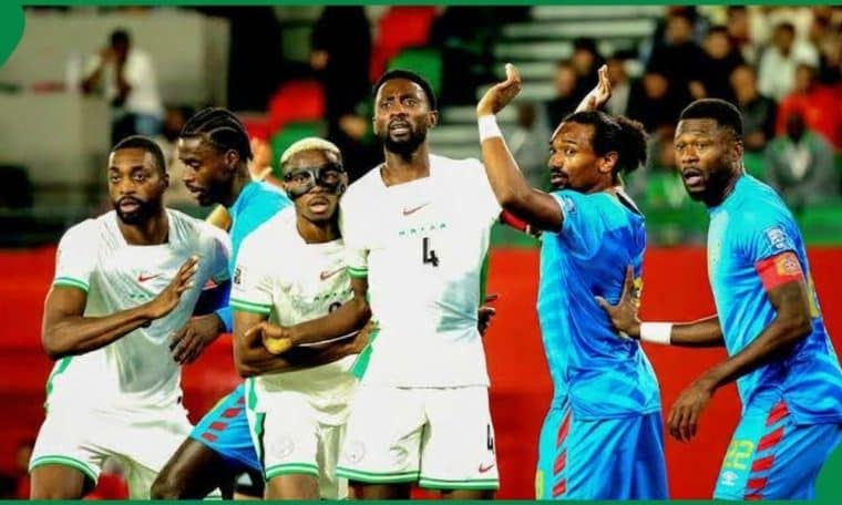 File photo of Super Eagles players battling with DR Congo players during a 2026 World Cup playoff game.