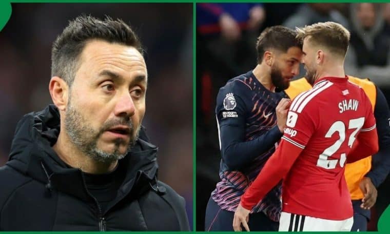 Tottenham Hotspur head coach Roberto De Zerbi and a scene showing when Rodrigo Bentancur clashed with Luke Shaw during a Premier League game on Saturday, October 10.