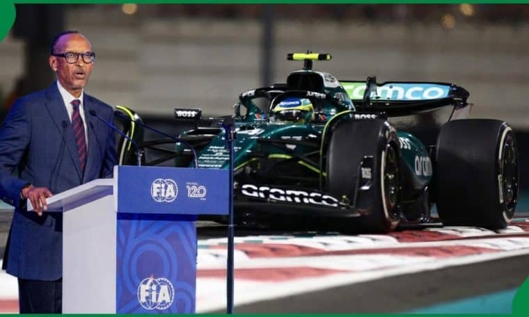 File photo of Rwandan President Paul Kagame speaking at a Formula One event.