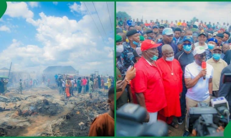 A fire scene in Edo State and the state Governor, Monday Okpebholo, during his visit to the scene.