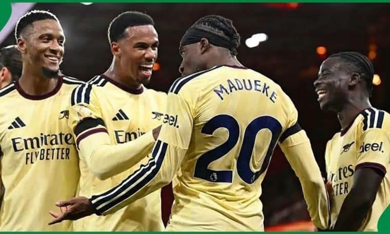 Arsenal players celebrate their Premier League win over Nottingham Forest.