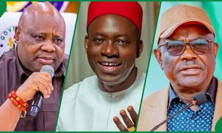 L-R: Governor of Osun State, Ademola Adeleke, Governor of Anambra State, Charles Soludo and FCT Minister, Nyesom Wike