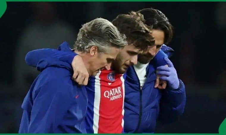 Paris Saint-Germain winger Khvicha Kvaratskhelia being helped out of the pitch on Tuesday, October 20.