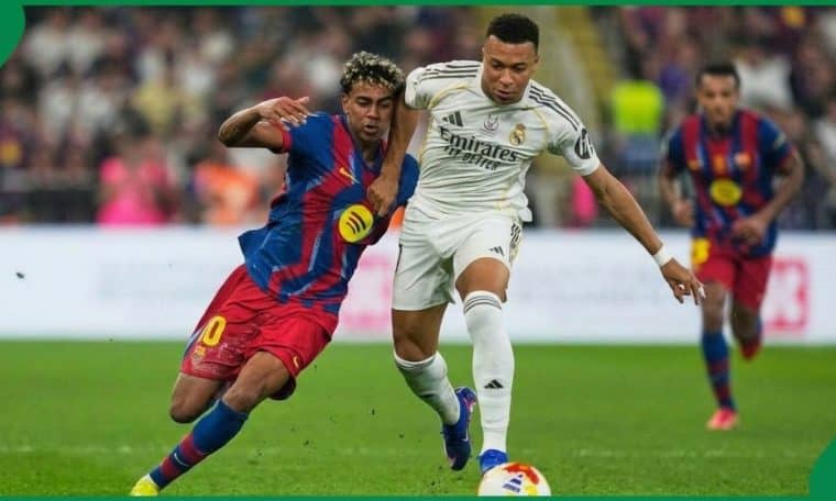 File photo of Lamine Yamal of FC Barcelona and Kylian Mbappe of Real Madrid battling it out in an El Clásico.