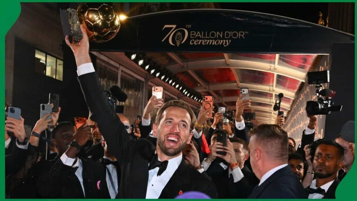 Harry Kane celebrating with fans after winning the 2026 Ballon d'Or.