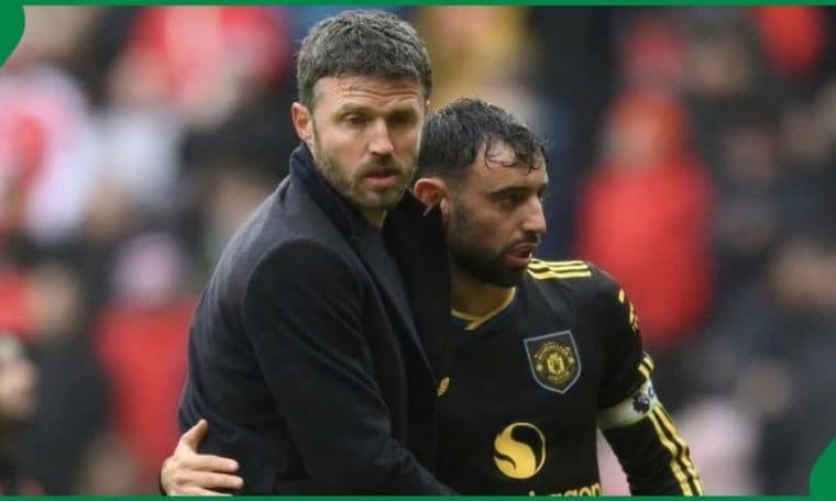 File photo of Manchester United coach Michael Carrick and Bruno Fernandes