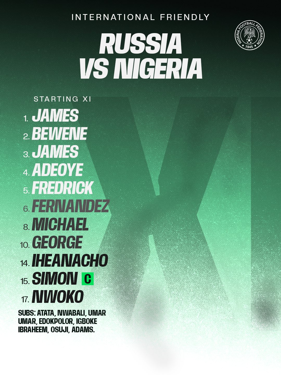 Super Eagles starting eleven against Russia