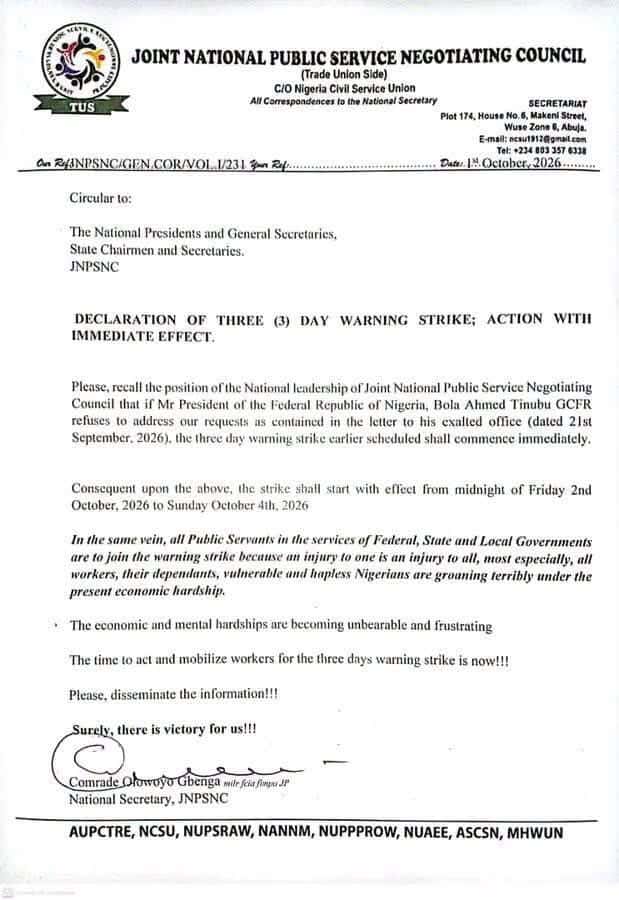 Nigerian Workers Declare 3-Day Nationwide Warning Strike