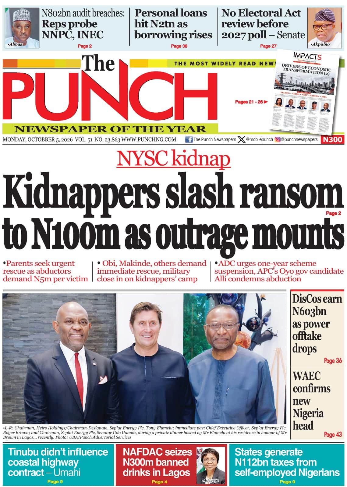 NYSC Kidnap, Overlapping Budget, Others | Nigerian Newspapers Daily Front Pages Review