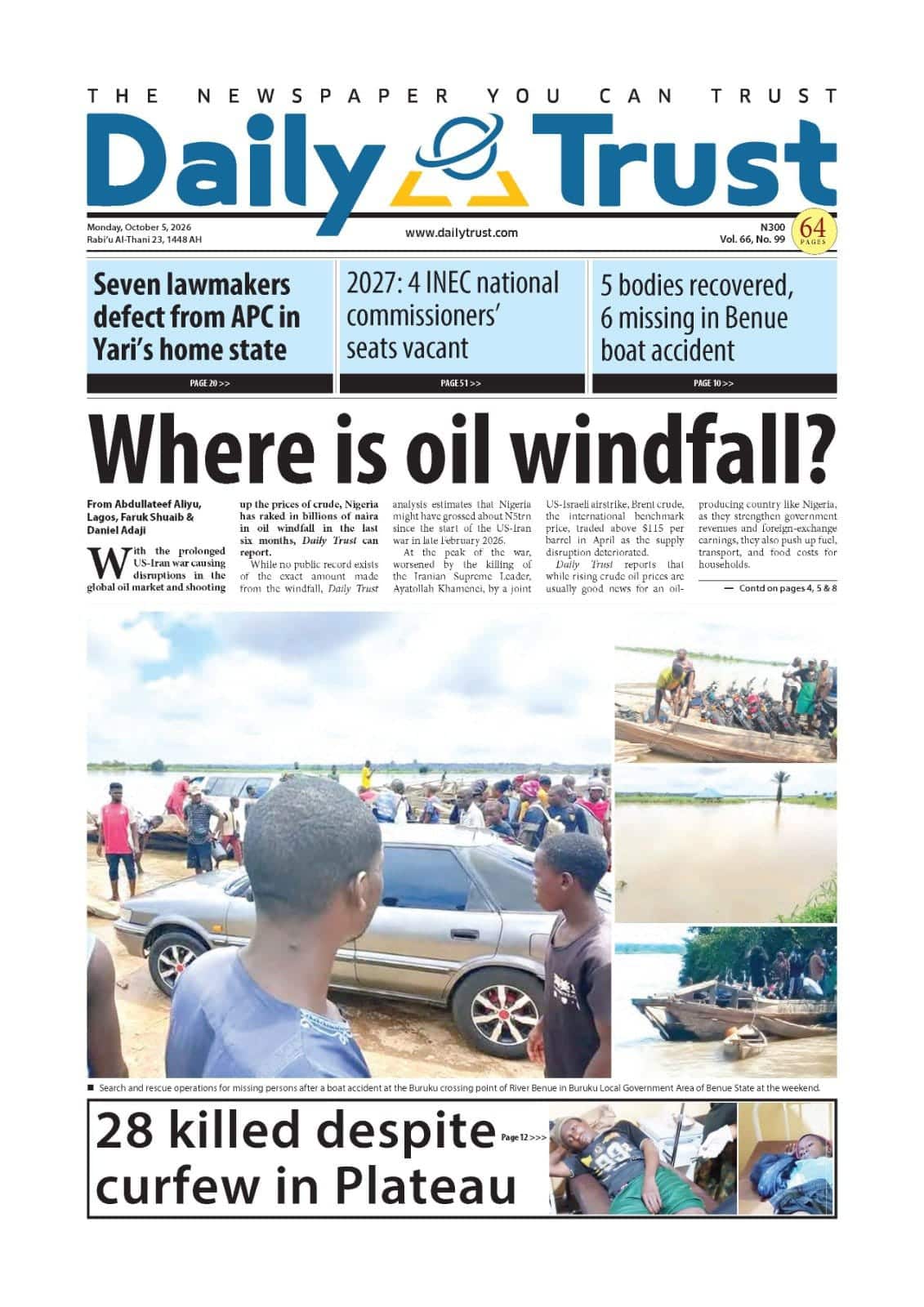 NYSC Kidnap, Overlapping Budget, Others | Nigerian Newspapers Daily Front Pages Review