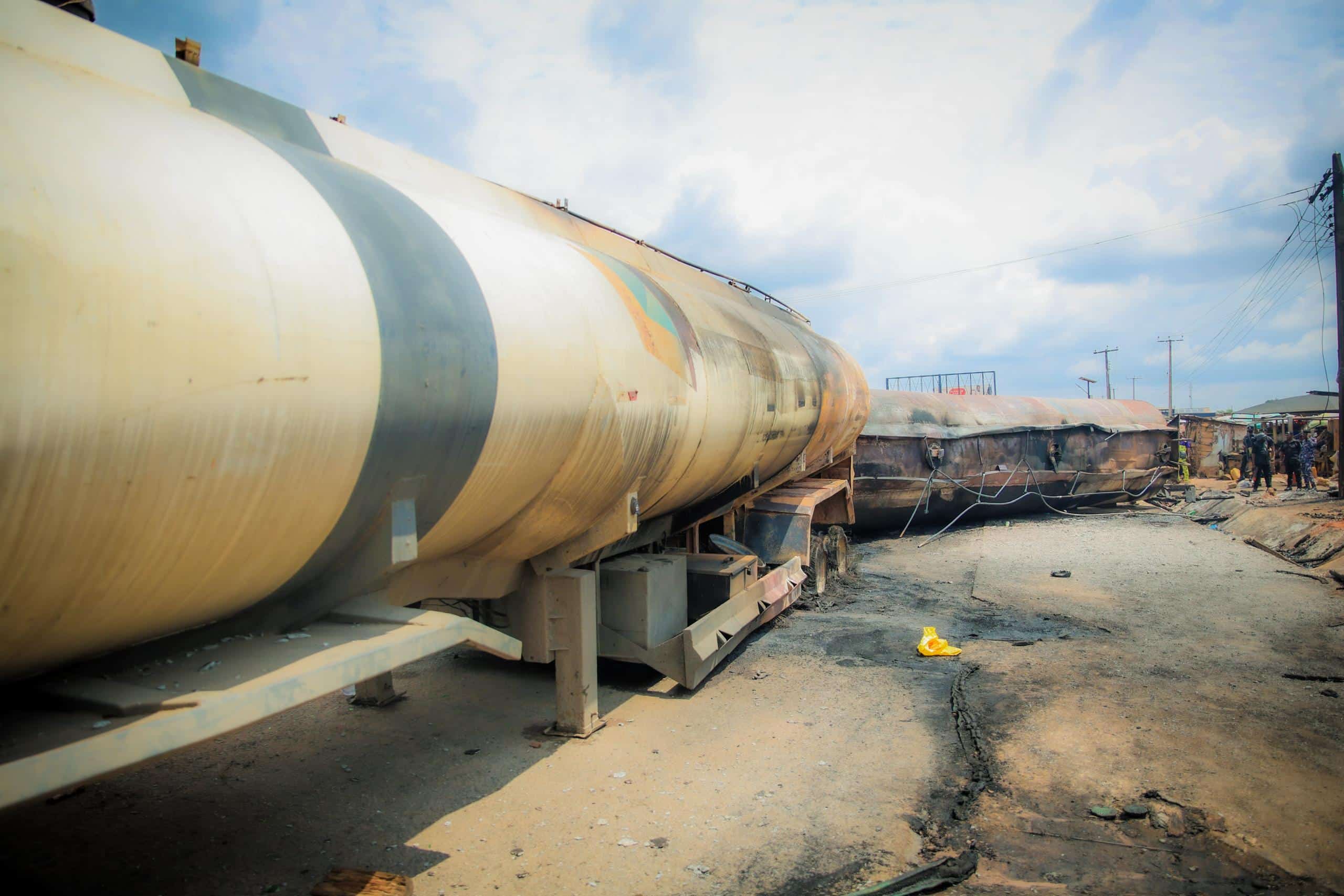 Burnt tanker at the scene of the fire outbreak.