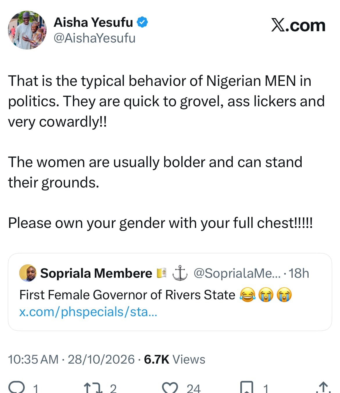 Fubara: ‘Nigerian Men In Politics Are Ass Lickers, Women Are Bolder’ – Aisha Yesufu