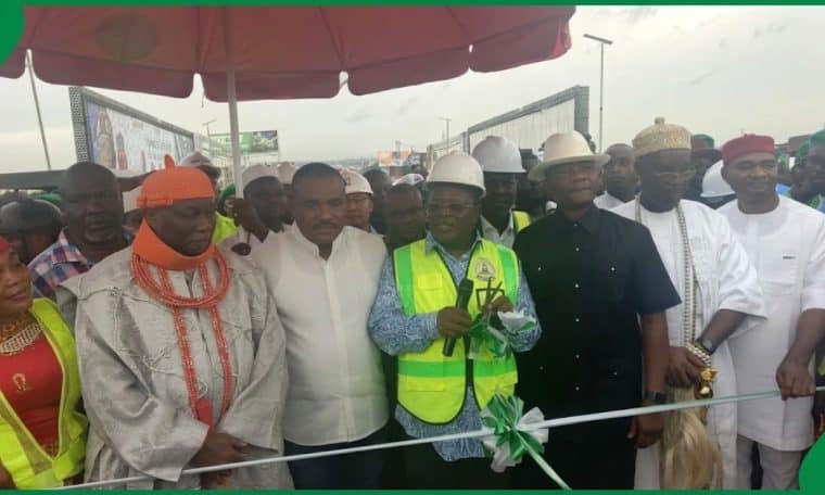Minister of Works Dave Umahi during the reopening of the First Niger Bridge on Thursday. | Source The PUNCH