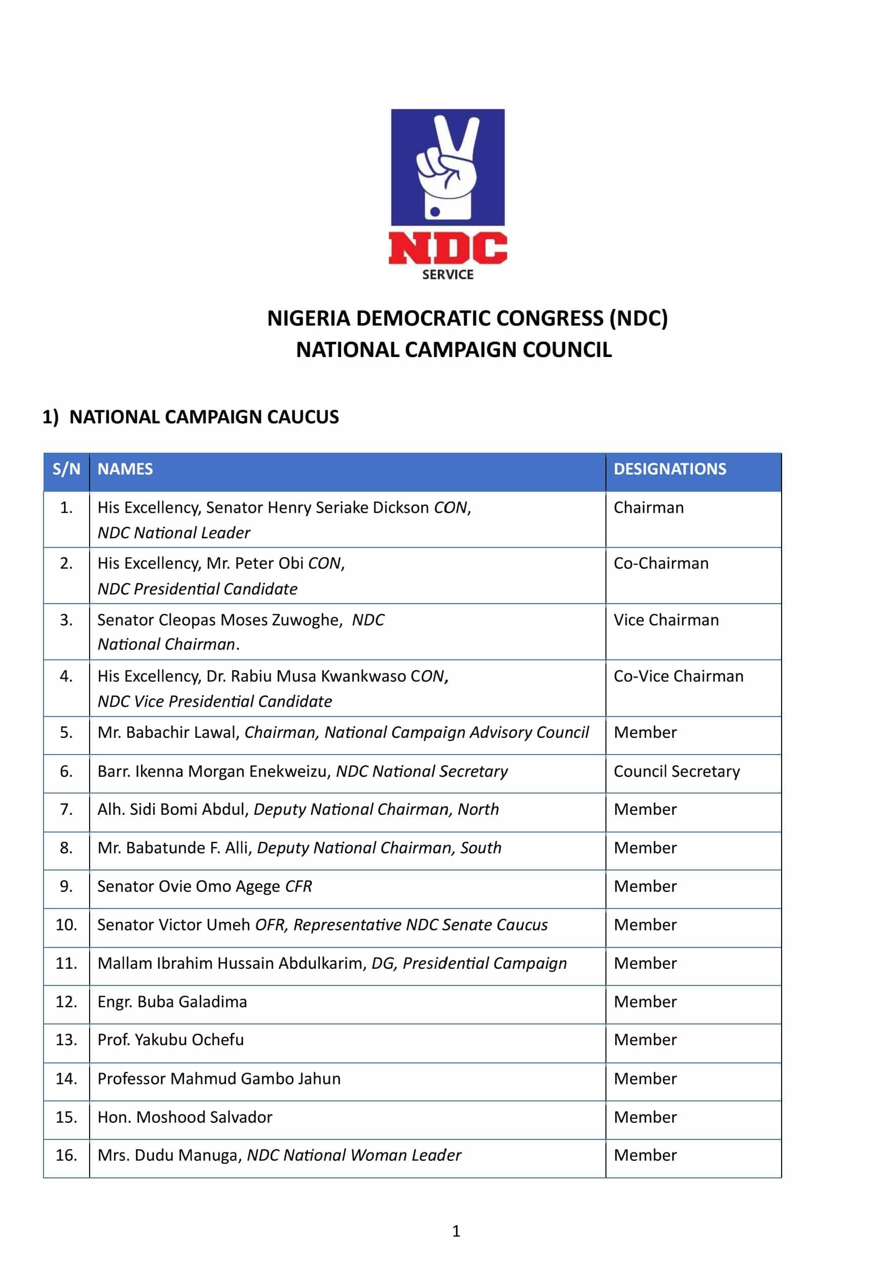 2027: NDC Releases National Campaign Council Members For Peter Obi, Others (Full List)